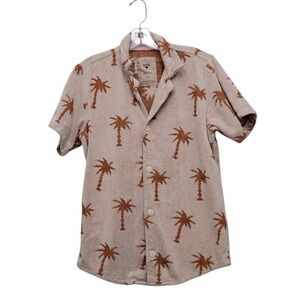 OAS Palmy Cuba Terry Cloth Shirt Mens S Beige Palm Tree Resortwear Cabana Beachy